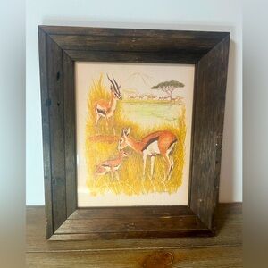 70’s Gloria Eriksen Antelope Family Watercolor Print Professional Wood Framed